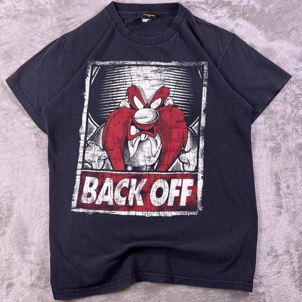 Vintage Y2K Looney Tunes Yosemite Sam Back Off T Shirt Mens Small Black Graphic